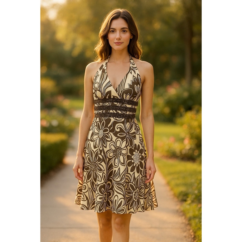 Carmen Marc Valvo Dress Womens 4 Silk Floral Halter Fit Flare Cocktail Y2K
